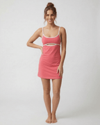 Luna Mini Dress by Lauven with patchwork design and cut-out detail in vibrant pink