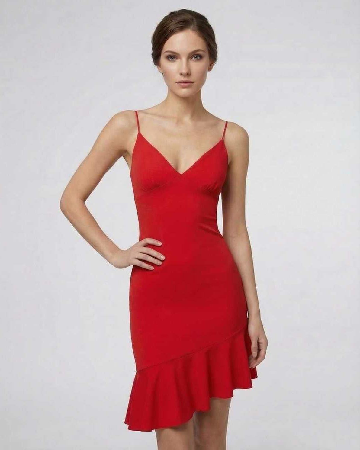 Lauven Luna Mini Dress in elegant red with A-line ruffle detail, featuring a sleek silhouette for modern luxury.
