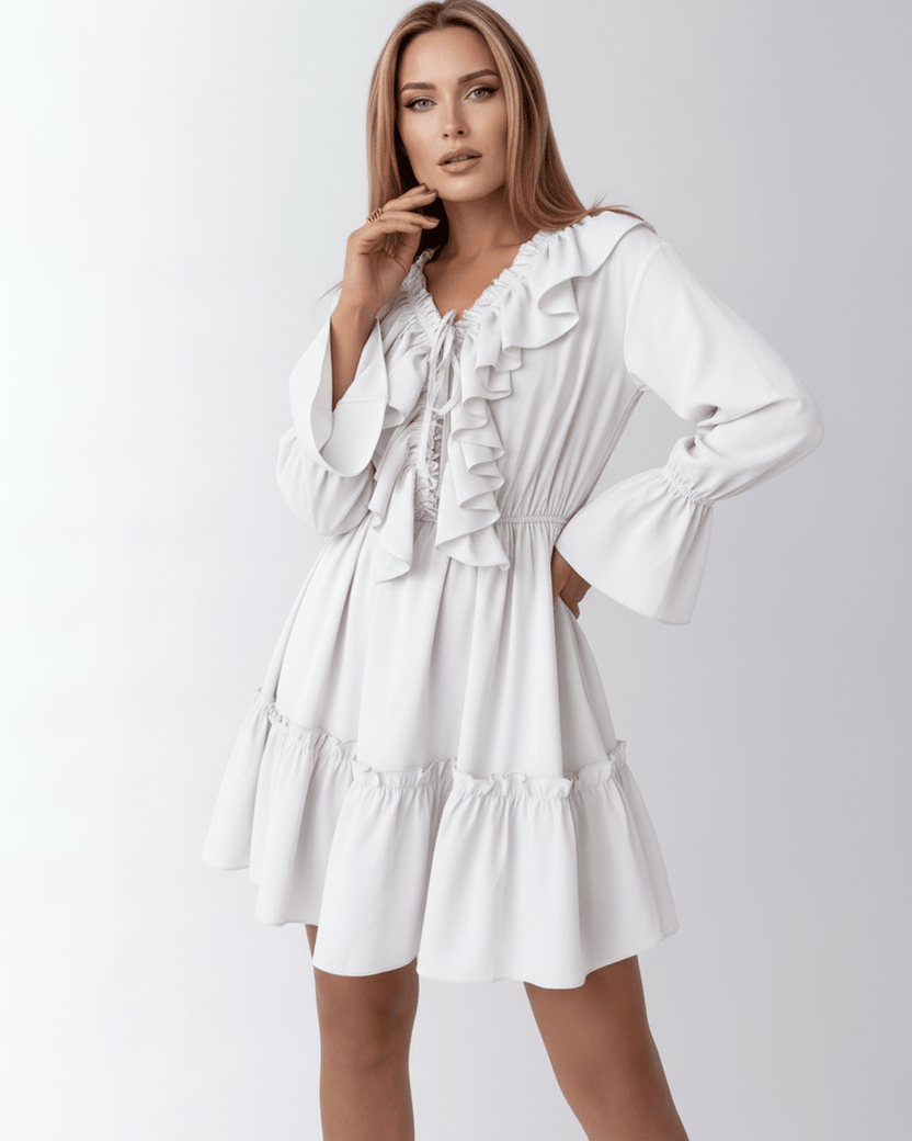 Luna Mini Dress by Lauven featuring ruffled V-neck and elastic waist for a flattering silhouette in white.