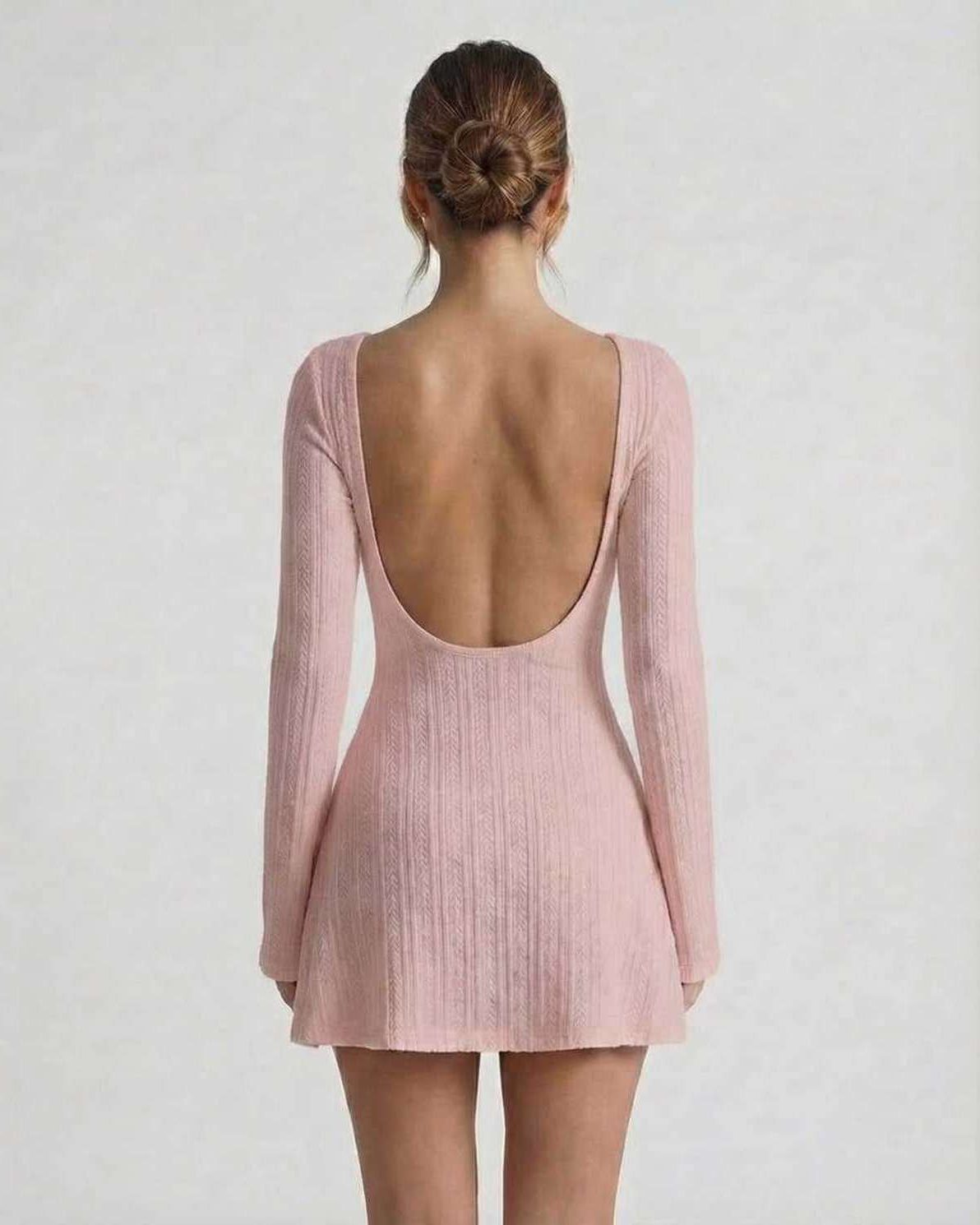 Luna Mini Dress - Soft pink cable knit backless design with long flared sleeves by Lauven.