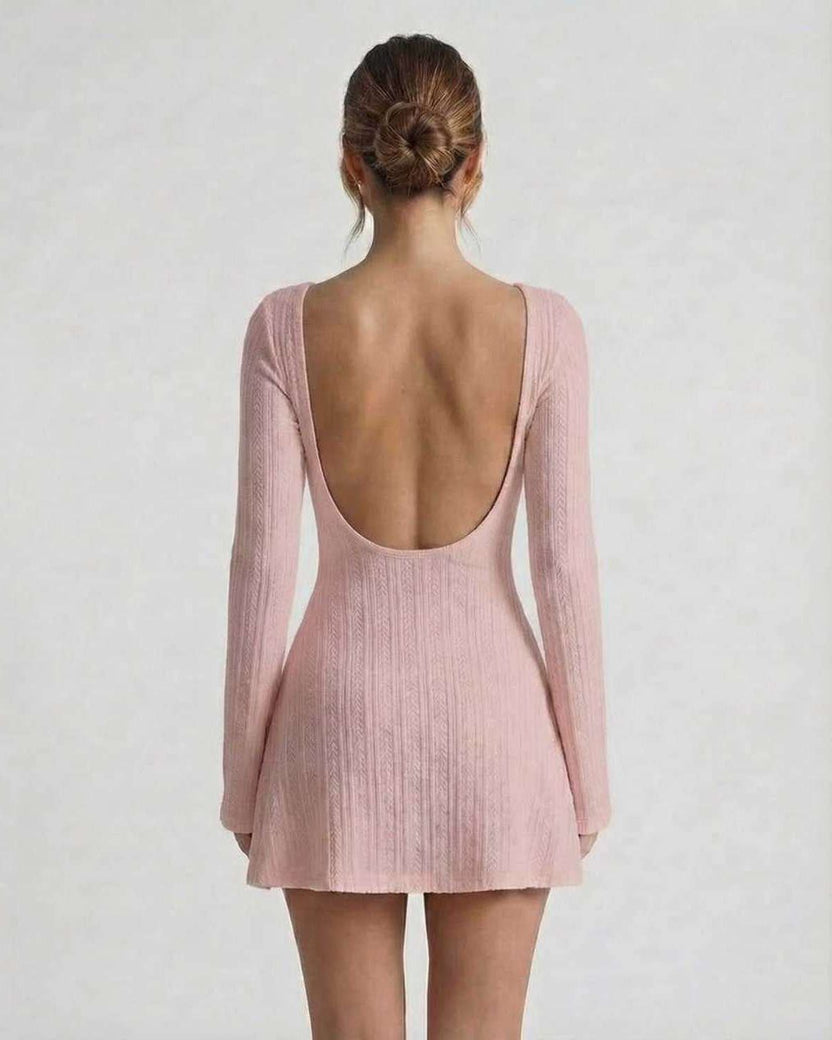 Luna Mini Dress - Soft pink cable knit backless design with long flared sleeves by Lauven.