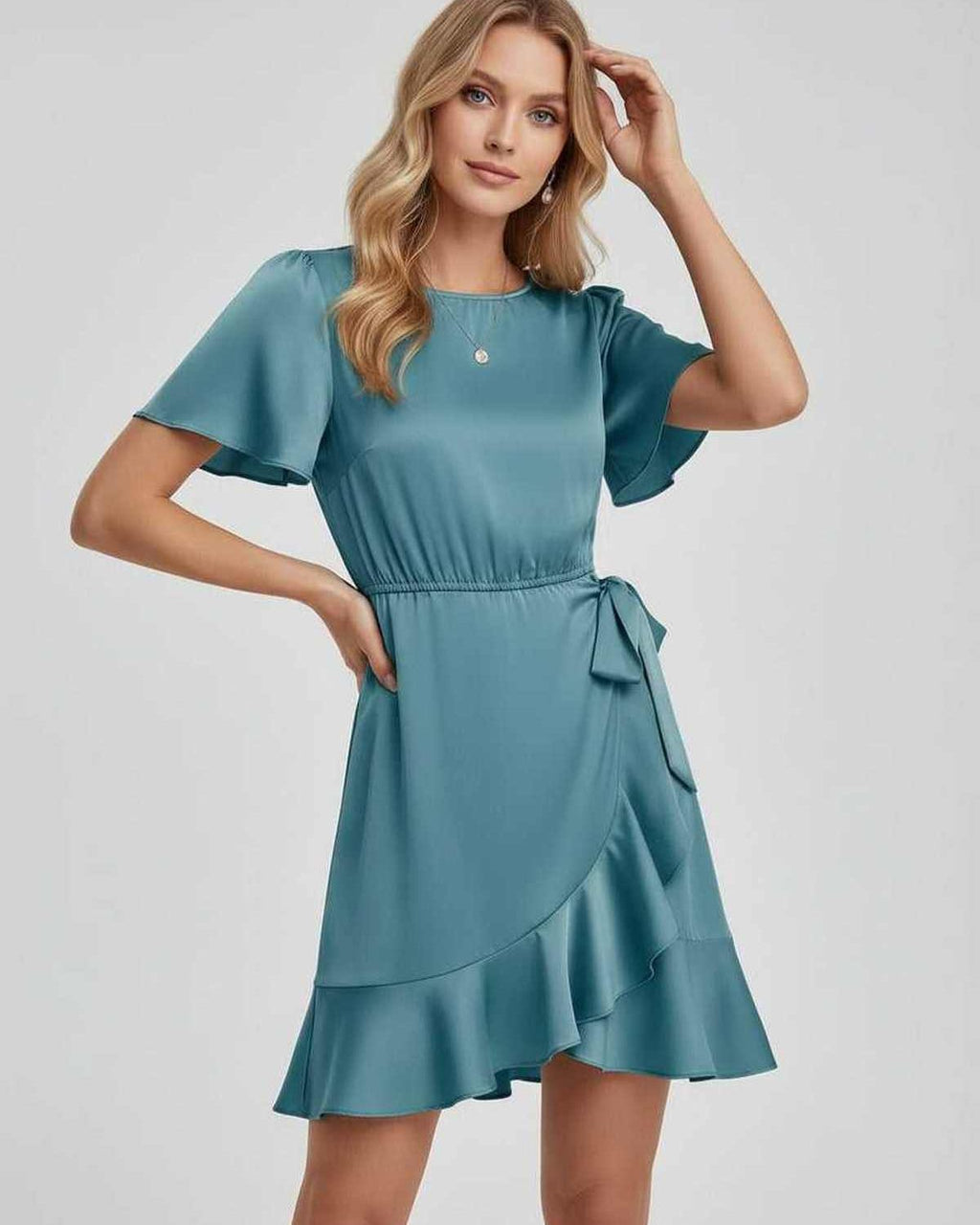 Lauven Luna Mini Dress in serene teal, featuring soft satin finish, tie waist, ruffle hem, and flutter sleeves.