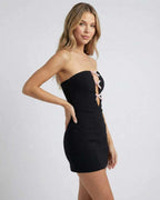Lauven Luna Mini Dress, strapless black bodycon with bow-tie cut-out detail, perfect for evening wear.