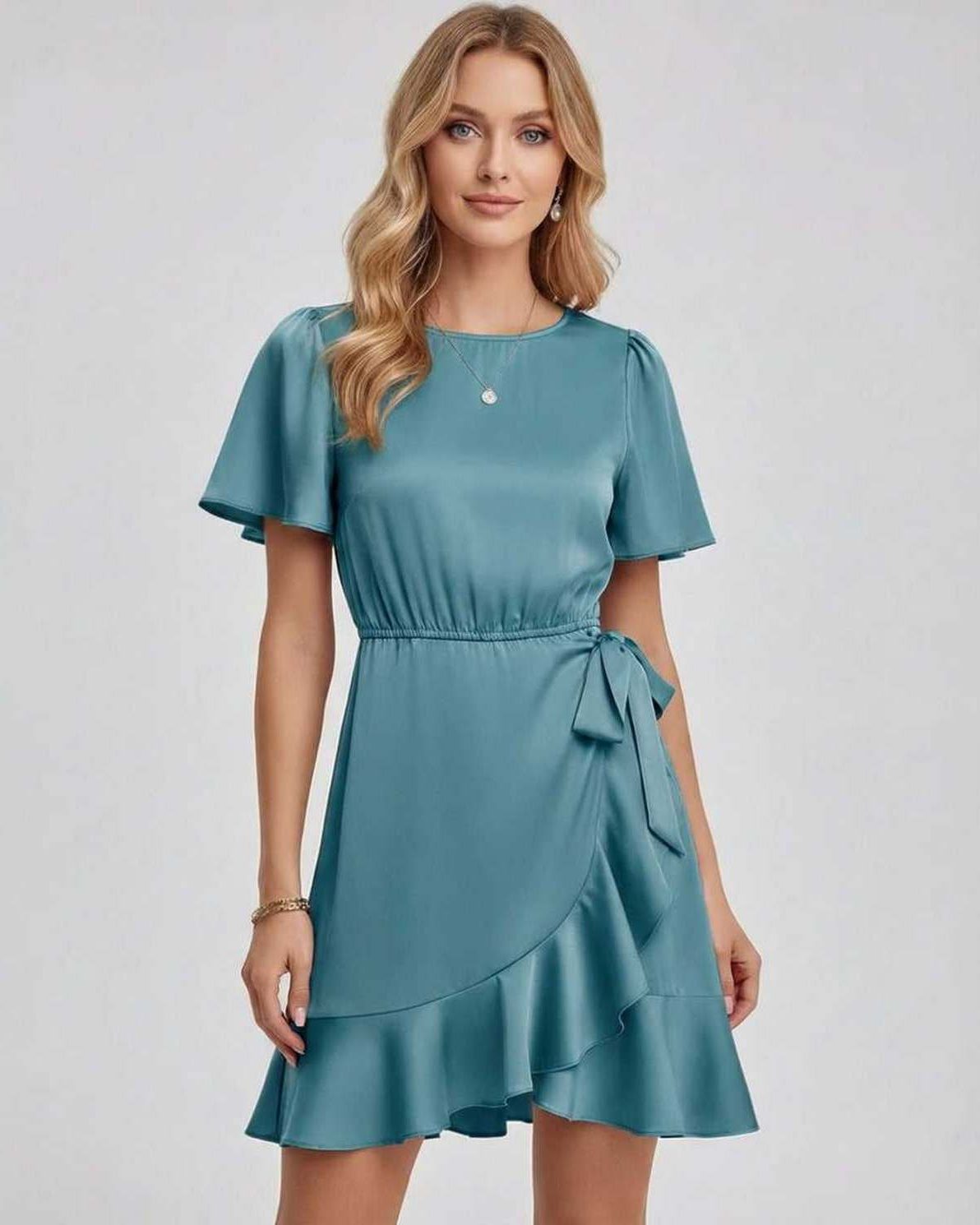 Lauven Luna Mini Dress in serene teal, featuring a soft satin finish, ruffle hem, and tie waist for a flattering silhouette.