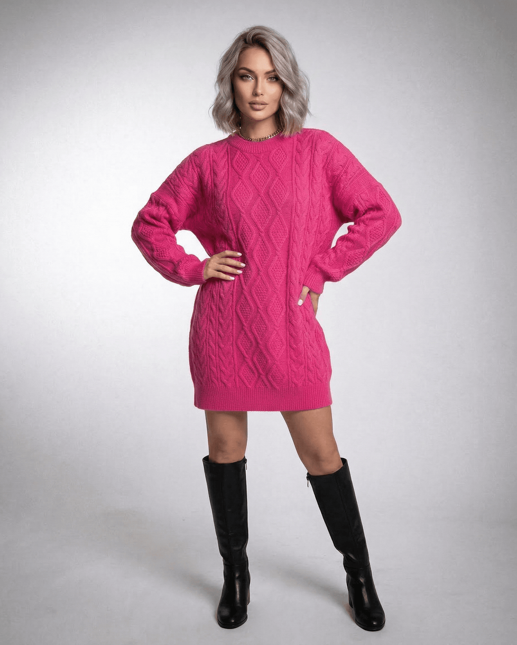 Lauven Luna Mini Dress in vibrant pink cable knit with long sleeves and ribbed trim, perfect for a modern look.