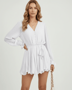 Luna Mini Dress by Lauven, featuring a classic white pleated chiffon design with elegant details and a flowing silhouette.