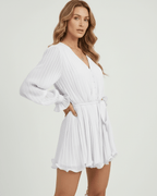 Luna Mini Dress by Lauven in classic white chiffon with elegant pleats and flowing silhouette.