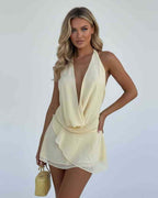 Luna Mini Dress by Lauven featuring a draped chiffon silhouette in yellow, perfect for elegant occasions.