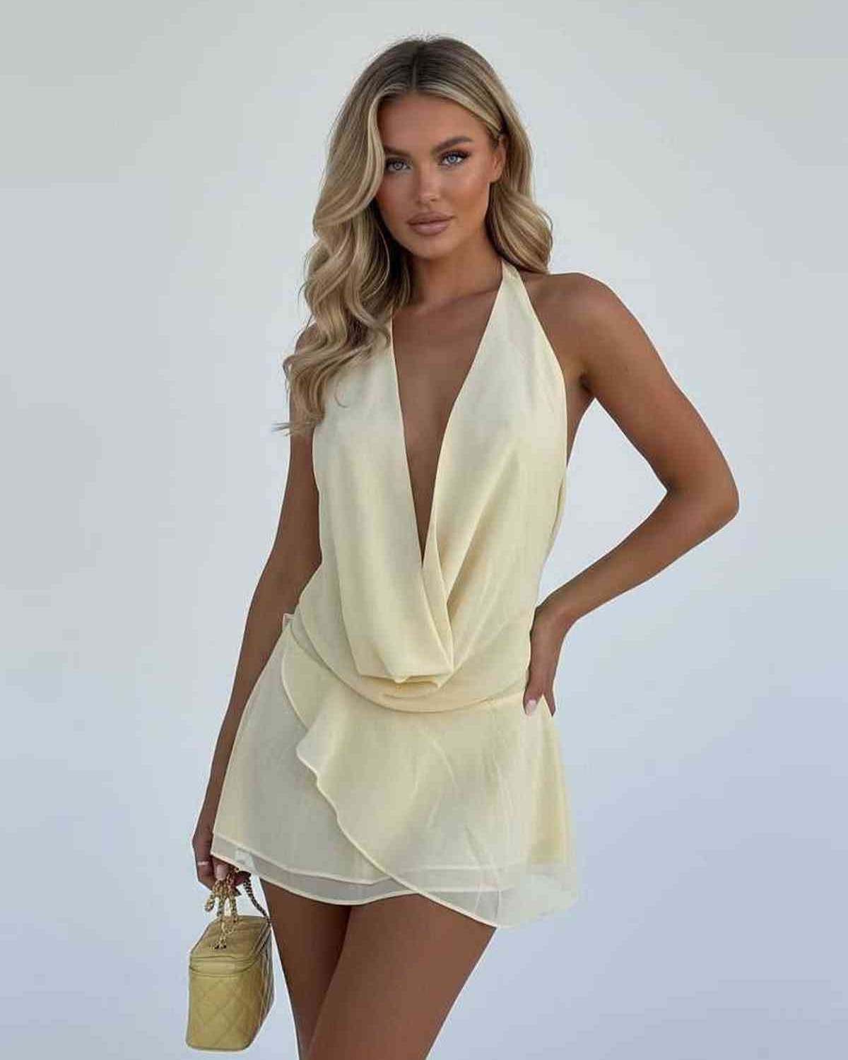 Luna Mini Dress by Lauven featuring a draped chiffon silhouette in yellow, perfect for elegant occasions.