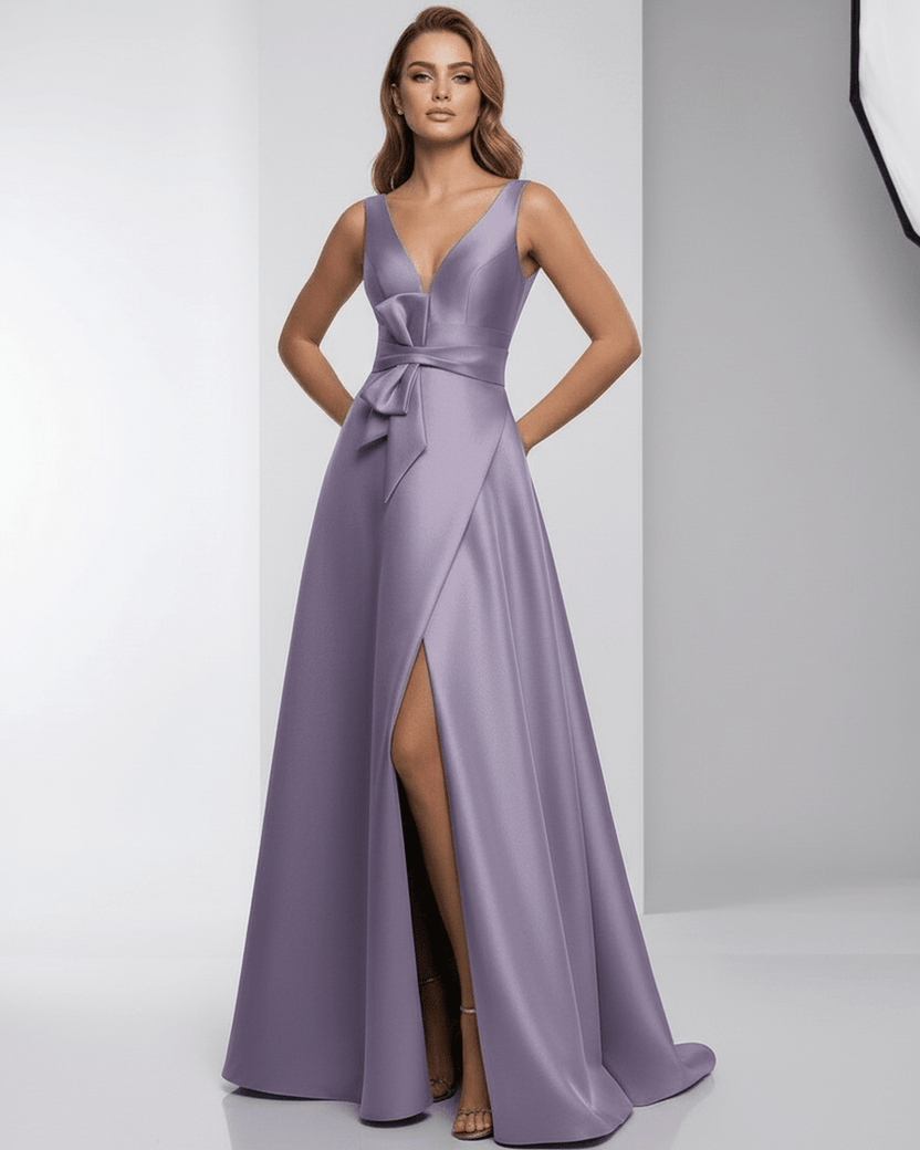 Lunara Maxi Dress in lavender satin, featuring A-line silhouette and V-neck, elegant for evening occasions by Lauven.