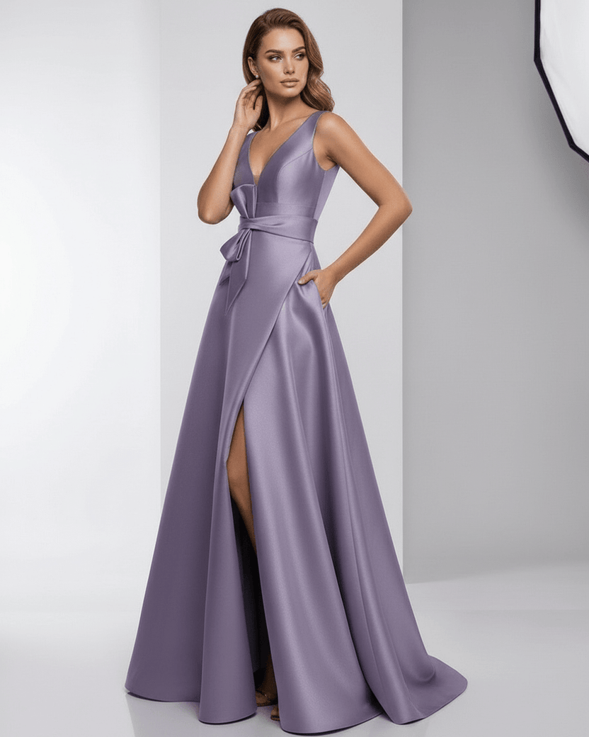 Lunara Maxi Dress - Lavender satin A-line dress with V-neckline, flattering silhouette by Lauven.