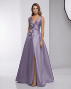 Lunara Maxi Dress in lavender satin, A-line silhouette, V-neck, elegant look by Lauven.