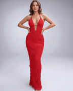 Lunara Maxi Dress in red, textured polyester blend, halter V-neck, stylish and modern for warm-weather occasions by Lauven.