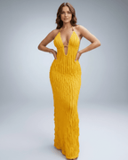 Lunara Maxi Dress in vibrant yellow, textured polyester blend, featuring halter neckline and deep V front, by Lauven.