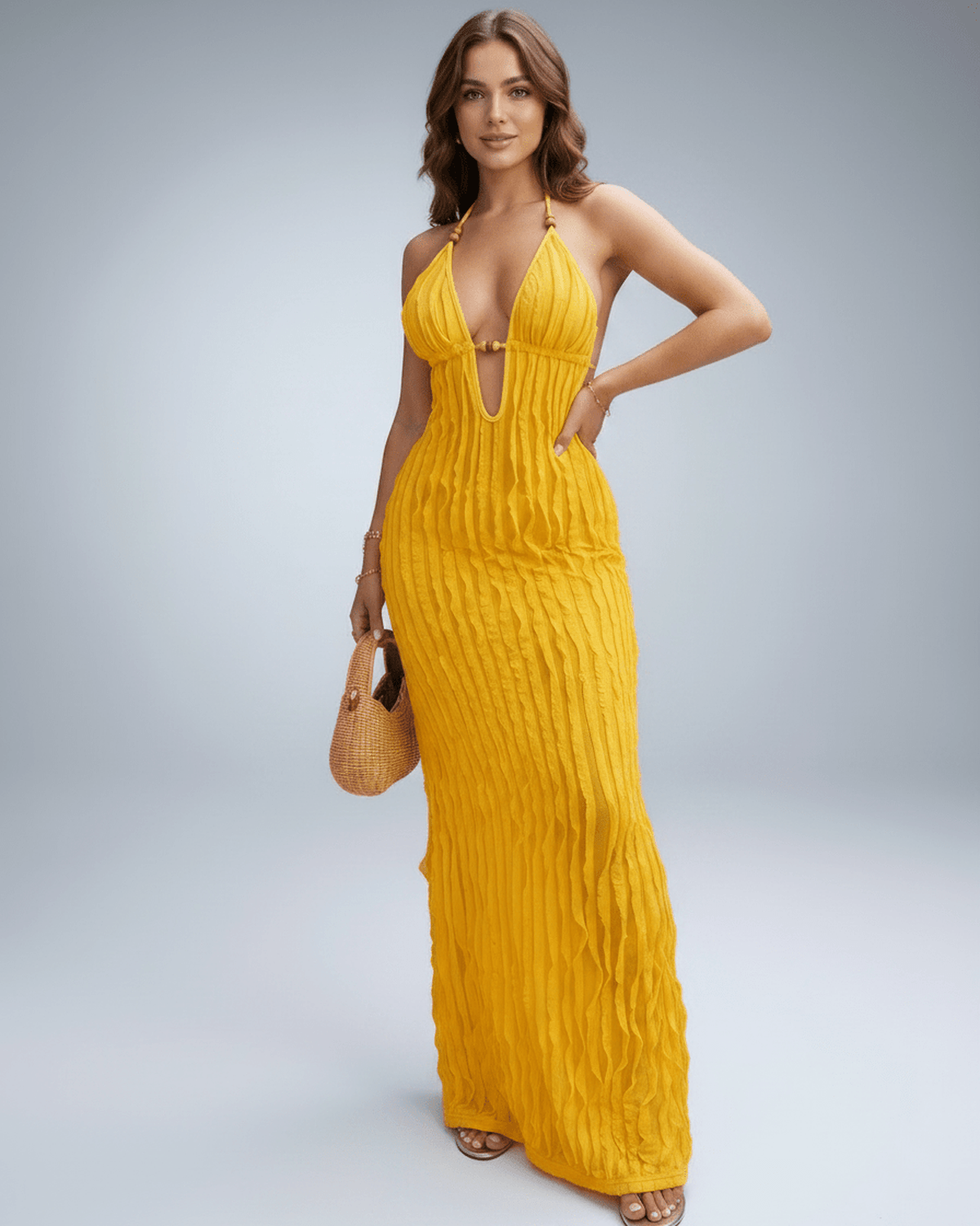 Lunara Maxi Dress in vibrant yellow, textured polyester blend with halter v-neck for a modern, elegant look by Lauven.
