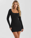 Lunara Mini Dress black ribbed knit bodycon dress by Lauven with square neckline and long fitted sleeves.