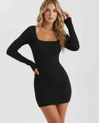 Lunara Mini Dress by Lauven, a black ribbed knit bodycon dress with long sleeves and a square neckline, offering a sleek look.