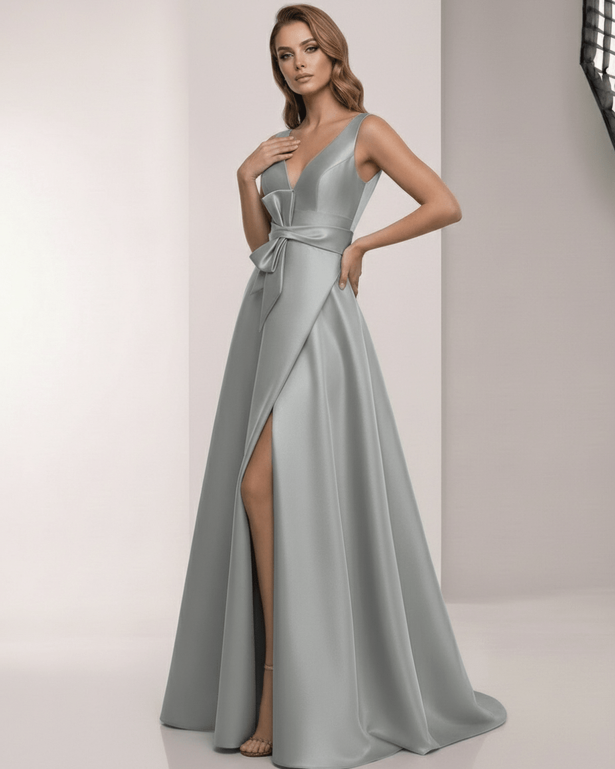 Lunaria Maxi Dress - Satin A-Line Grey Sage Maxi Dress with V-Neck, Bow Detail, and elegant floor-length silhouette by Lauven.