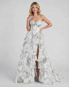 Lunaria Maxi Dress by Lauven - Elegant silver floral chiffon gown with tiered ruffles and high slit.