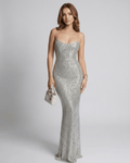 Lunaria Maxi Dress – Silver sequin bodycon elegance with open back, sleeveless style by Lauven, perfect for special occasions.