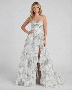 Lunaria Maxi Dress by Lauven, sophisticated silver floral tiered chiffon gown with a strapless corset-style bodice.