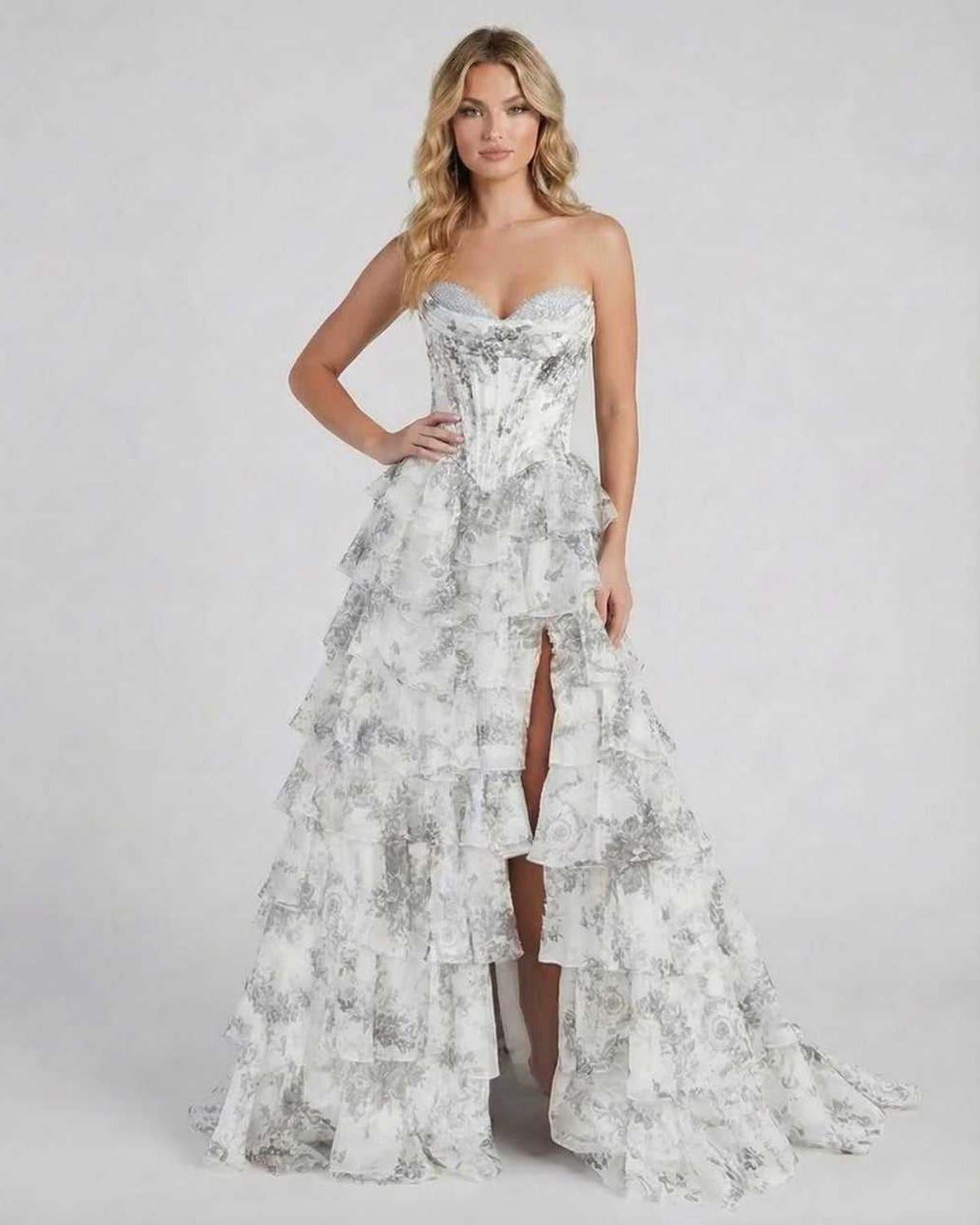 Lunaria Maxi Dress by Lauven, sophisticated silver floral tiered chiffon gown with a strapless corset-style bodice.
