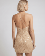 Lunelle Mini Dress featuring a textured polyester design, halter neck, bodycon silhouette, and sequins from Lauven brand.