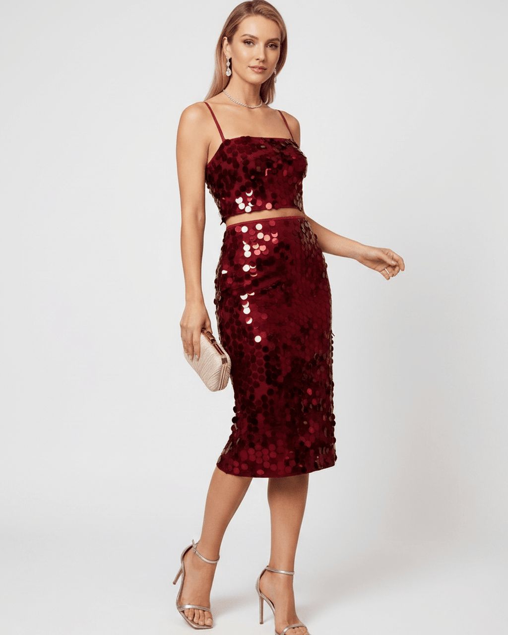 Lustra Sequin Set featuring a high-shine two-piece design with reflective sequins by Lauven, perfect for modern glamour.