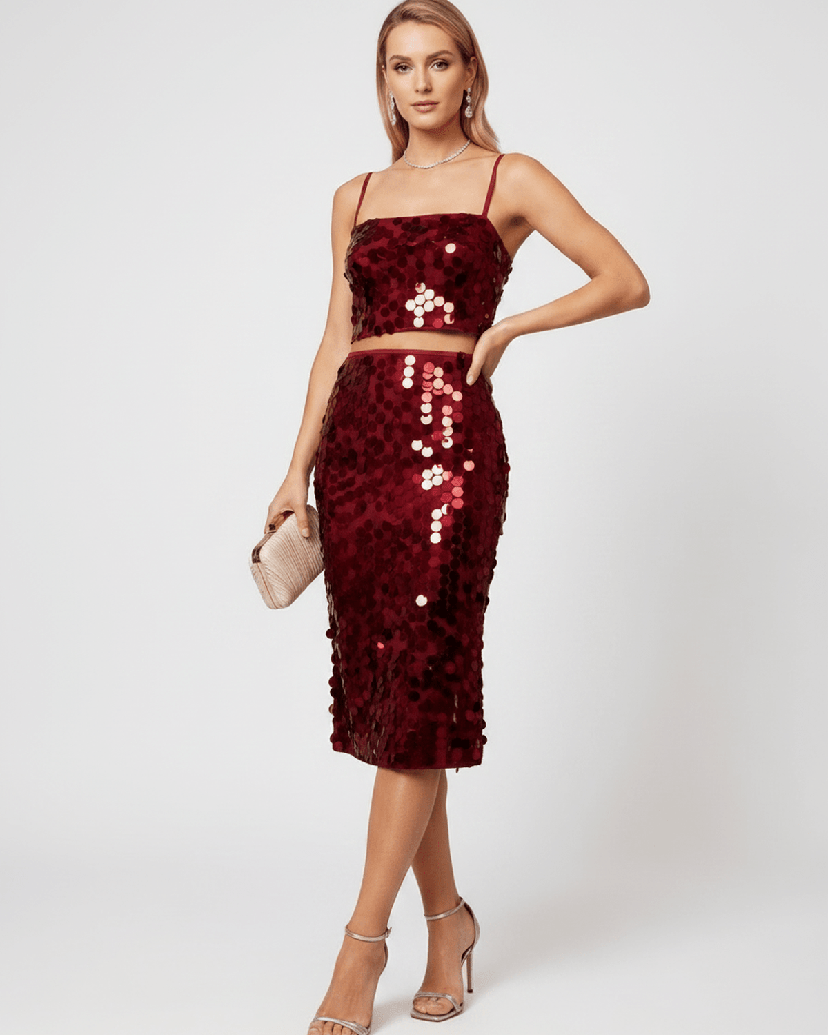 Lustra Sequin Set showcasing a high-shine two-piece with reflective sequins, designed by Lauven for modern glamour.