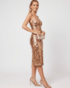 Lustra Sequin Set featuring a chic cropped top and midi skirt, perfect for evening glamour by Lauven.