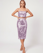 Lustra Sequin Set featuring a cropped top and midi skirt in light purple sequins, exuding modern glamour by Lauven.