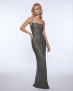 Lyra Maxi Dress by Lauven, featuring a silver metallic design and crystal embellishments for an elegant evening look.