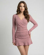 Lyra Mini Dress in Dusty Rose Ribbed Knit by Lauven, offering a form-fitting silhouette and stylish comfort.