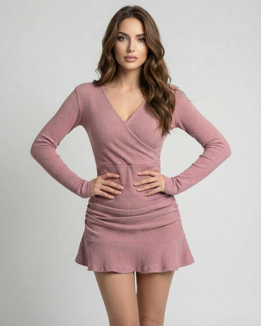 Lyra Mini Dress in Dusty Rose Ribbed Knit by Lauven, featuring a flattering V-neckline and form-fitting silhouette.