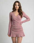 Lyra Mini Dress in Dusty Rose Ribbed Knit by Lauven, features V-neckline and form-fitting style, perfect for elegant looks.