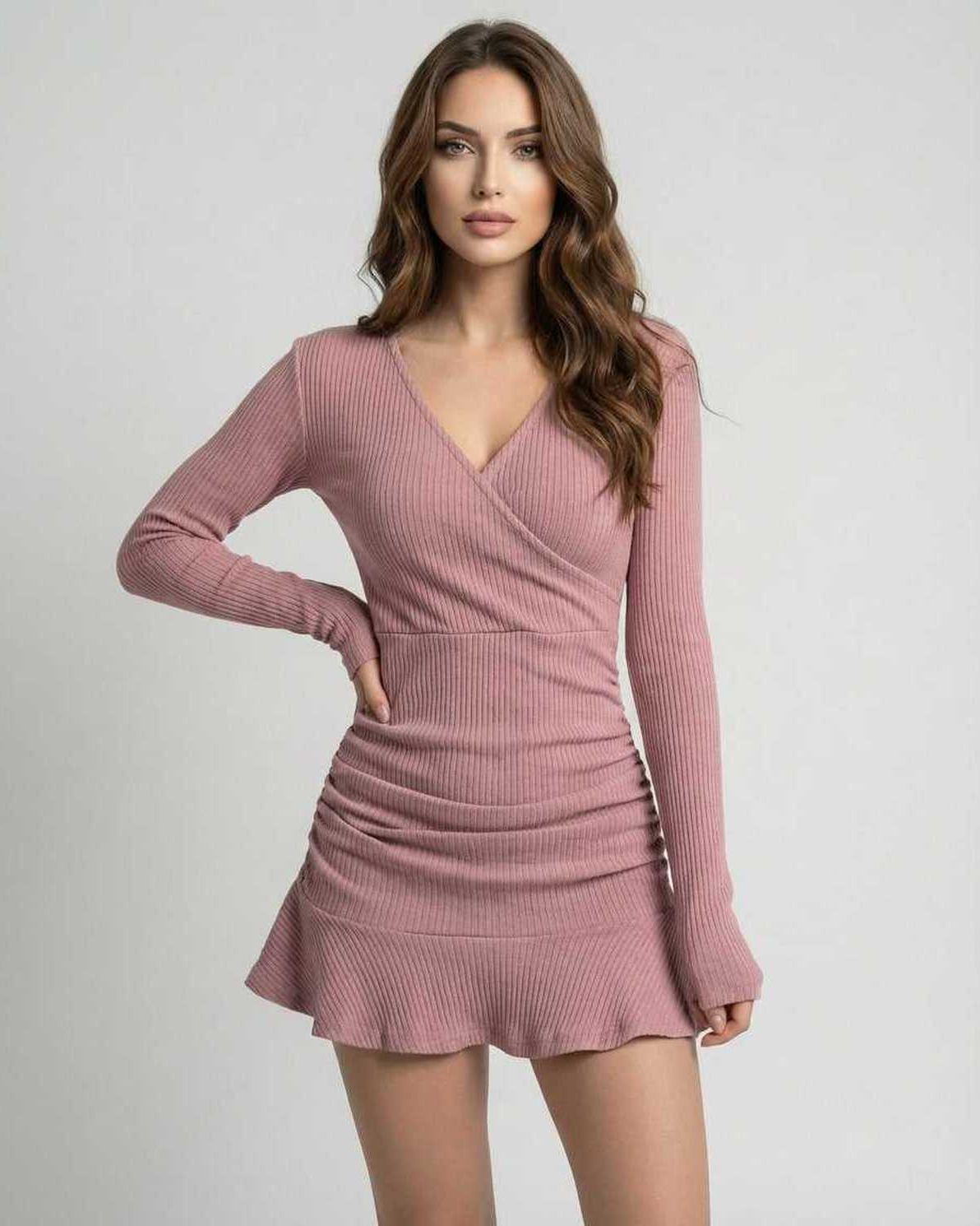Lyra Mini Dress in dusty rose ribbed knit by Lauven, featuring a V-neckline and form-fitting silhouette for contemporary elegance.