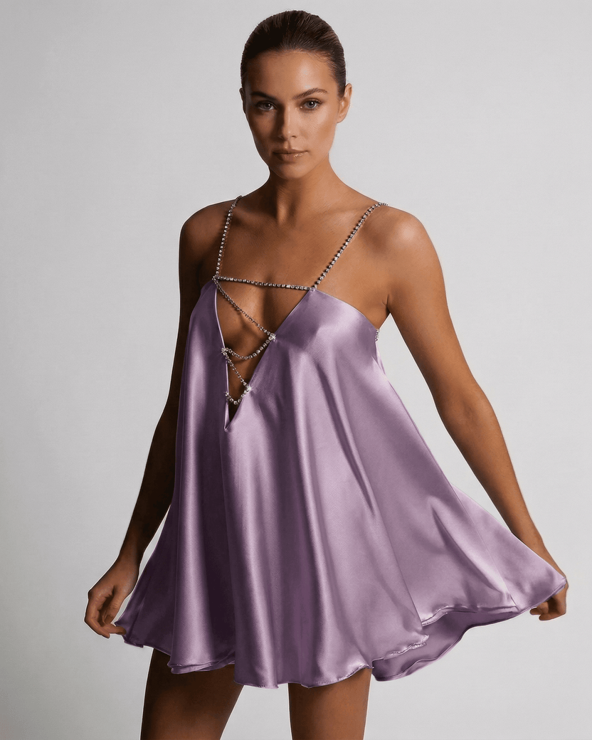 Lyra Mini Dress by Lauven in luxurious satin with rhinestone detail, showcasing a soft lilac hue and A-line silhouette.