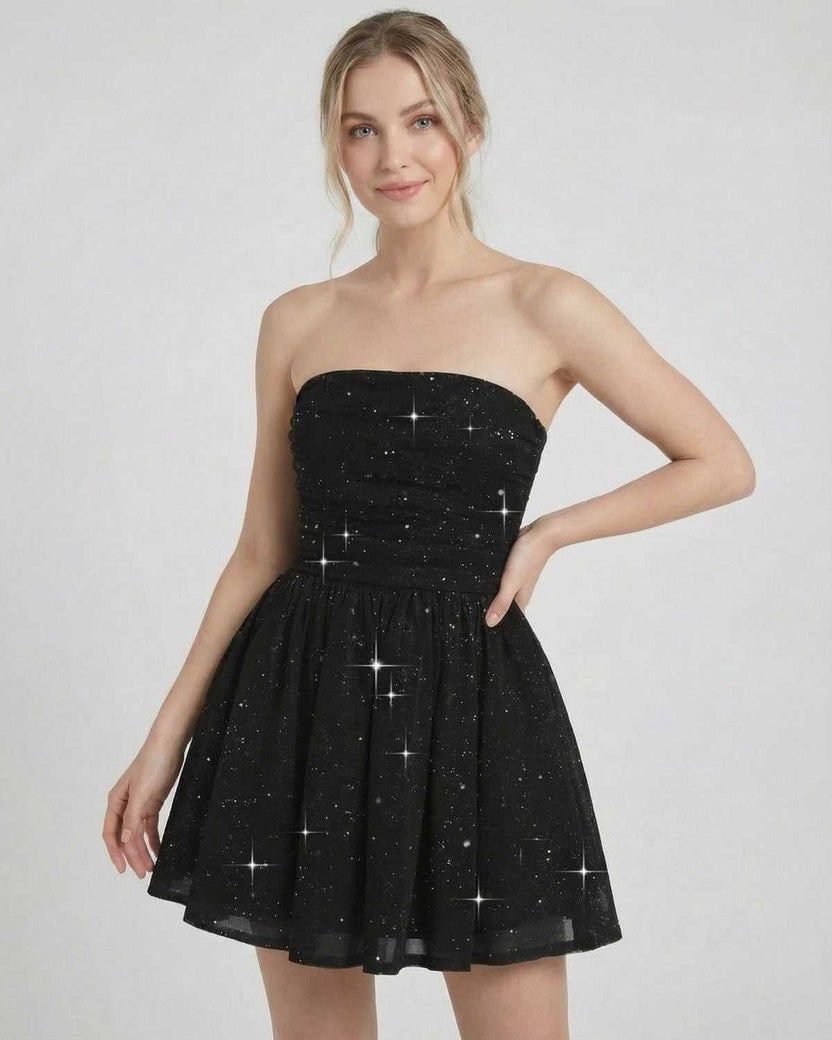 Lyra Mini Dress by Lauven - Strapless A-Line black mini dress with bow detail and subtle shimmer.