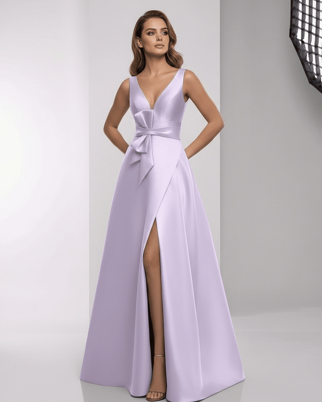 Lyrielle Maxi Dress in lavender satin with A-line silhouette, V-neck, and elegant bow detail by Lauven.