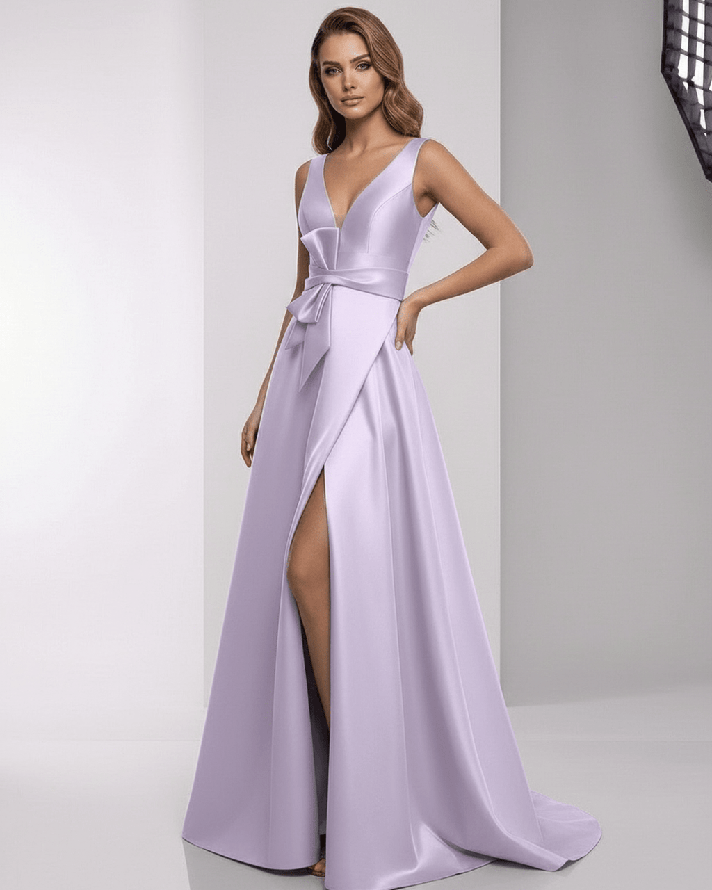 Lyrielle Maxi Dress - Lavender satin A-line V-neck floor-length dress with elegant split, by Lauven.