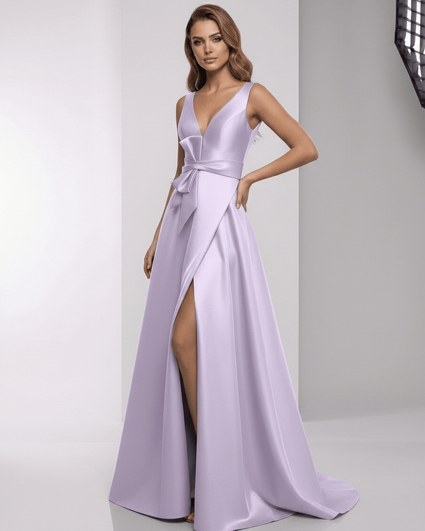 Lyrielle Maxi Dress - Lavender satin A-line V-neck floor-length dress with elegant split, by Lauven.