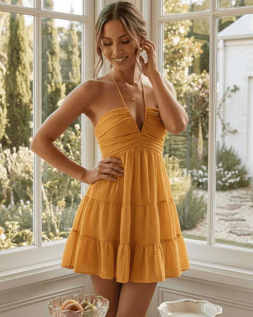 Marbella Mini Dress by Lauven, halter V neck, mustard orange, tiered ruffle skirt, offers breathable comfort and airy style.