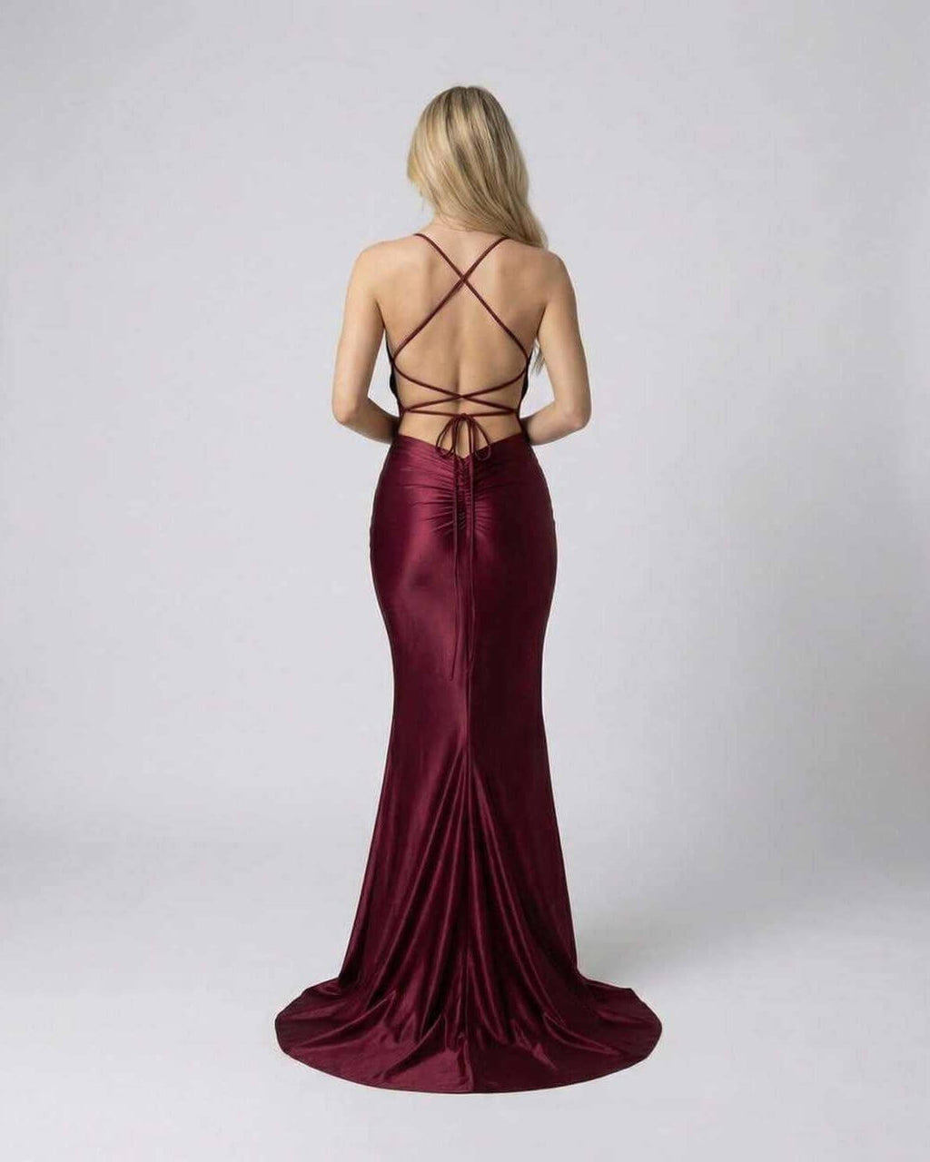 Marcelline Maxi Dress by Lauven featuring luxurious burgundy satin, showcasing a stylish back design.