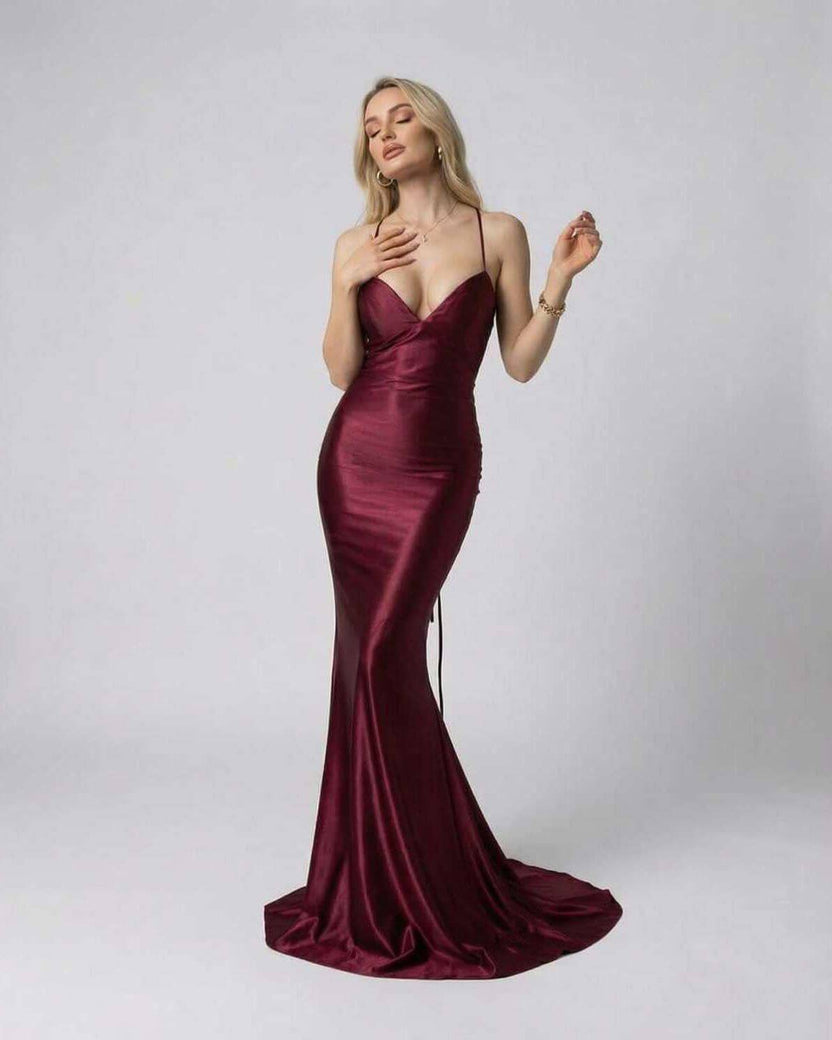 Marcelline Maxi Dress by Lauven, luxurious burgundy satin evening gown with deep V-neckline and spaghetti straps.