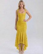 Marigold Maxi Dress by Lauven, elegant yellow jacquard dress with square neckline and asymmetric hemline.