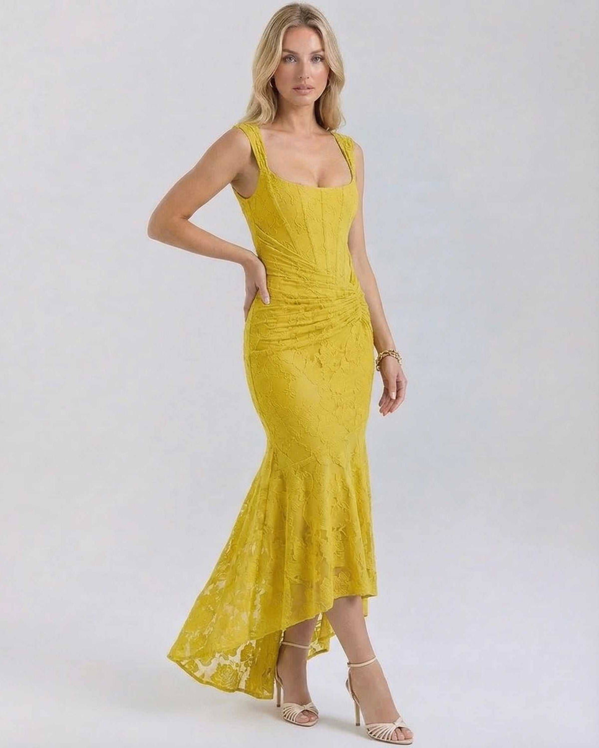 Marigold Maxi Dress by Lauven in vibrant yellow with square neckline and fish tail hemline.