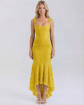 Marigold Maxi Dress by Lauven features square neckline and pleated details in vibrant yellow.