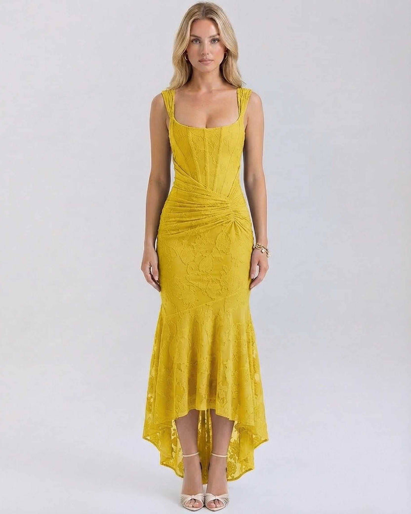 Marigold Maxi Dress by Lauven features square neckline and pleated details in vibrant yellow.