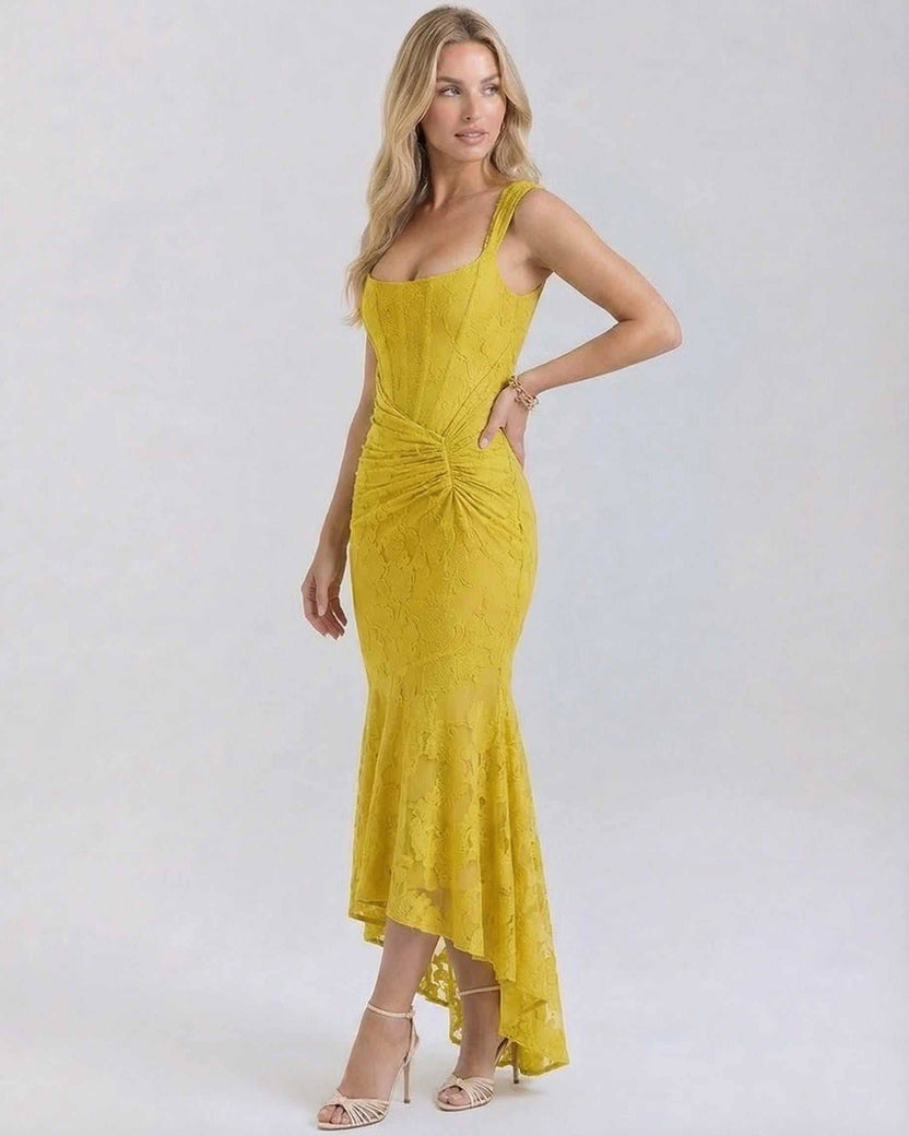 Marigold Maxi Dress by Lauven - Elegant yellow jacquard dress with square neckline and asymmetric hemline.