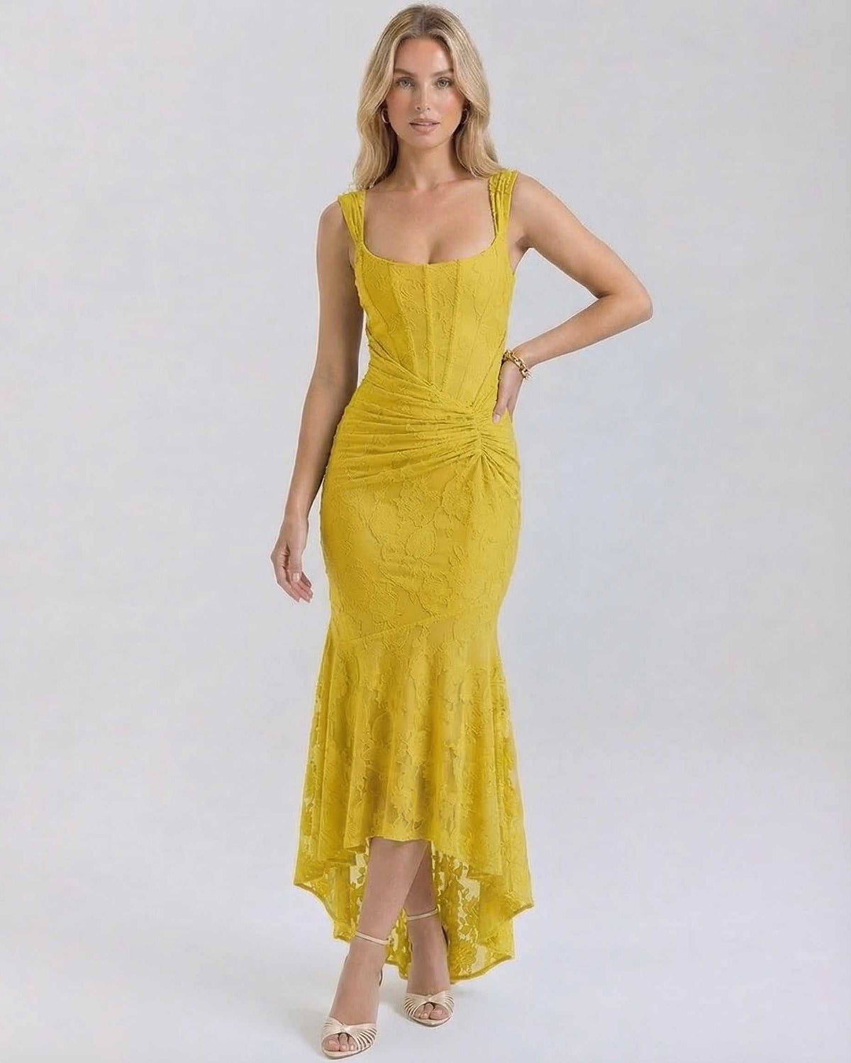Marigold Maxi Dress by Lauven featuring a square neckline and asymmetric hem in vibrant yellow jacquard fabric.